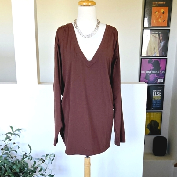 🏷️Athleta Outbound V Neck Top Long Sleeve Chocolate Brown Cotton Size 3X - Picture 3 of 10